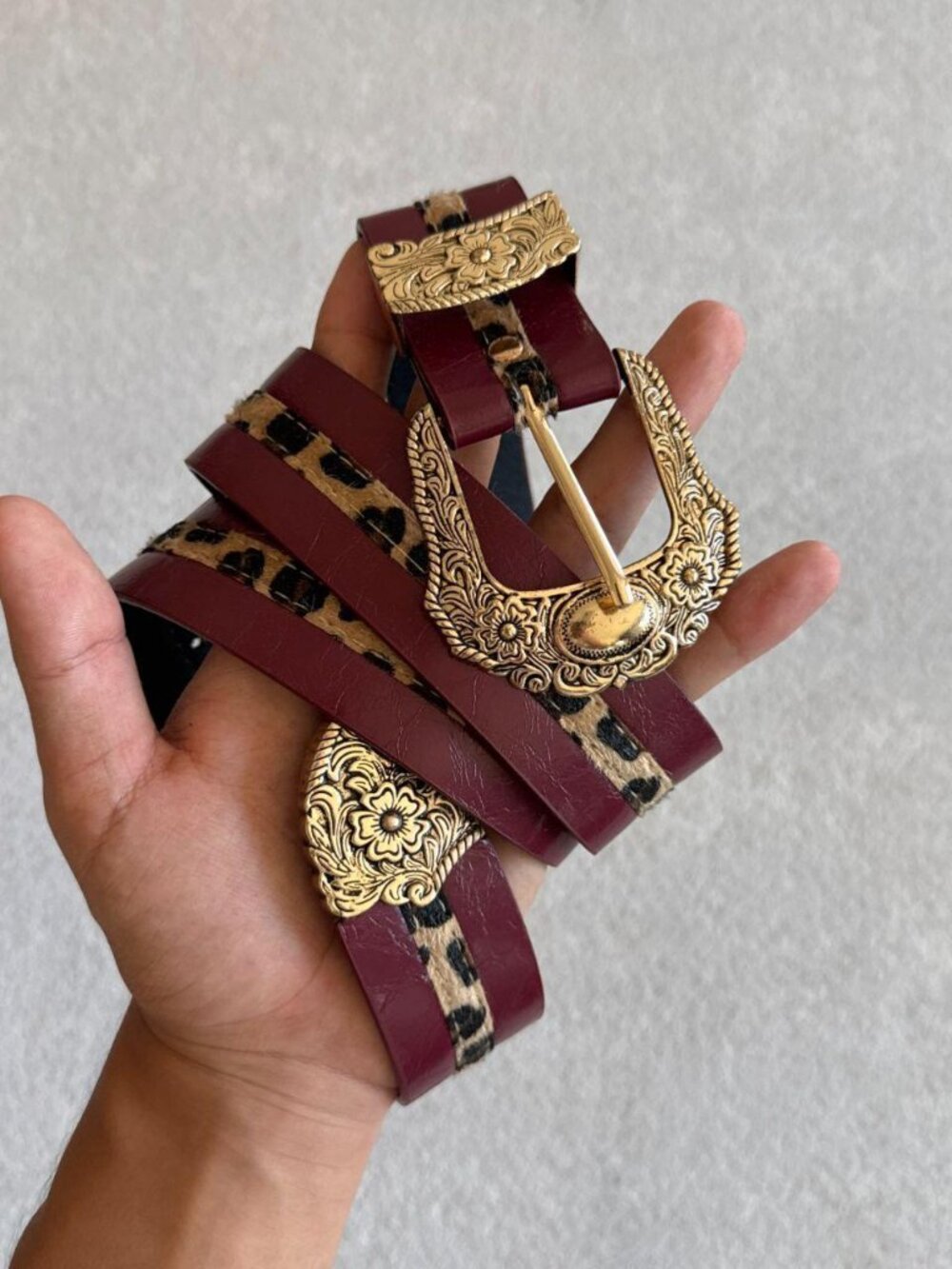 Burgundy Leopard Inlay Gold Western Buckle Belt